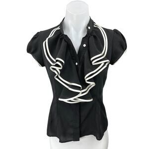 Mia Via Black Silk Ruffle Pearl Button Down Puff Sleeve Shirt Blouse Top Size XS